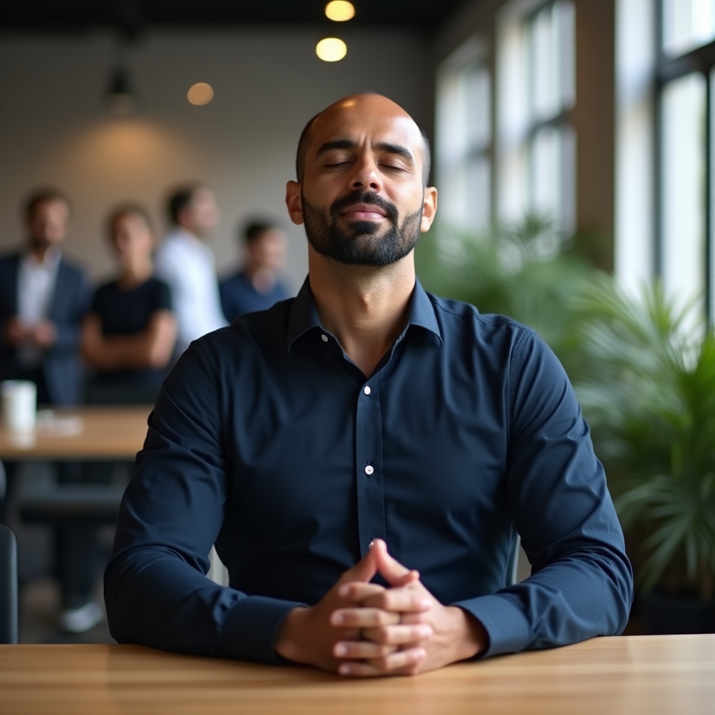 Personne pratiquant un exercice de respiration à son bureau