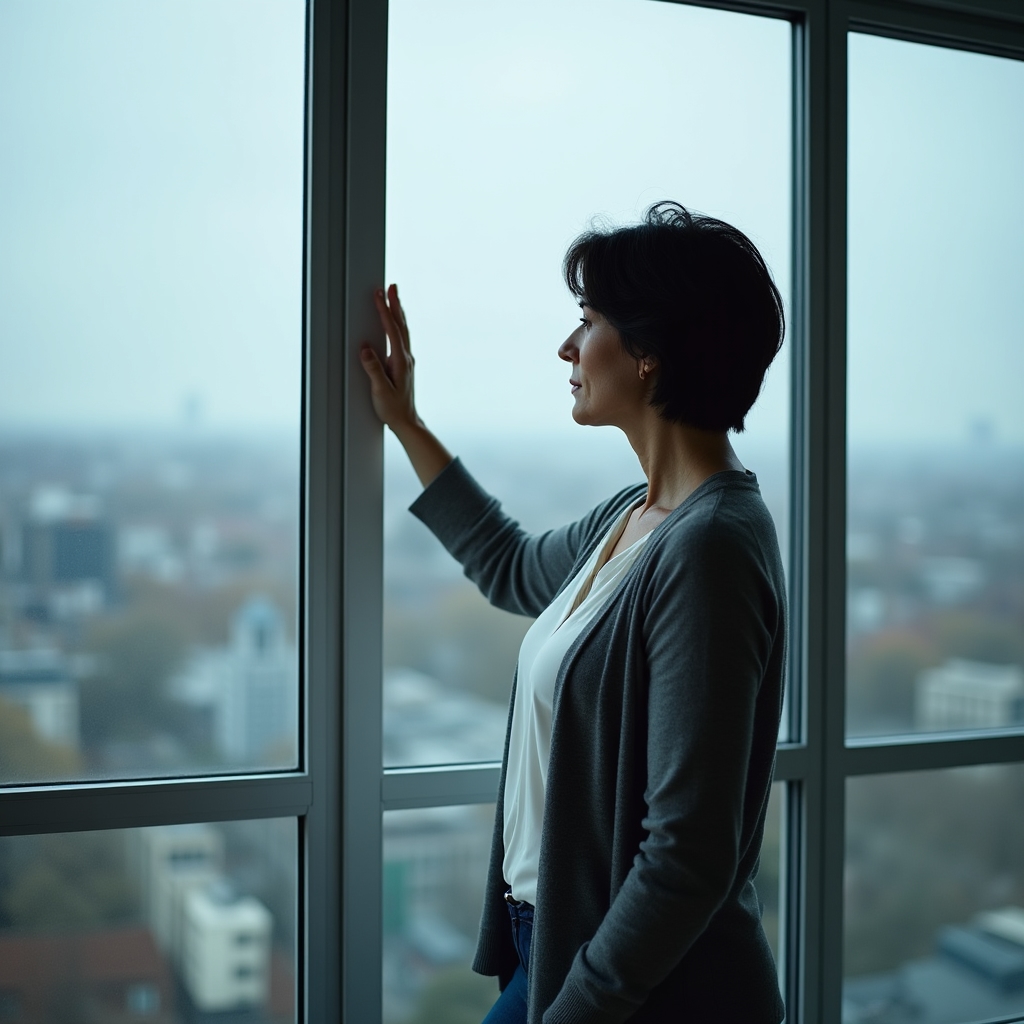 Personne faisant une pause devant une fenêtre avec vue sur la ville