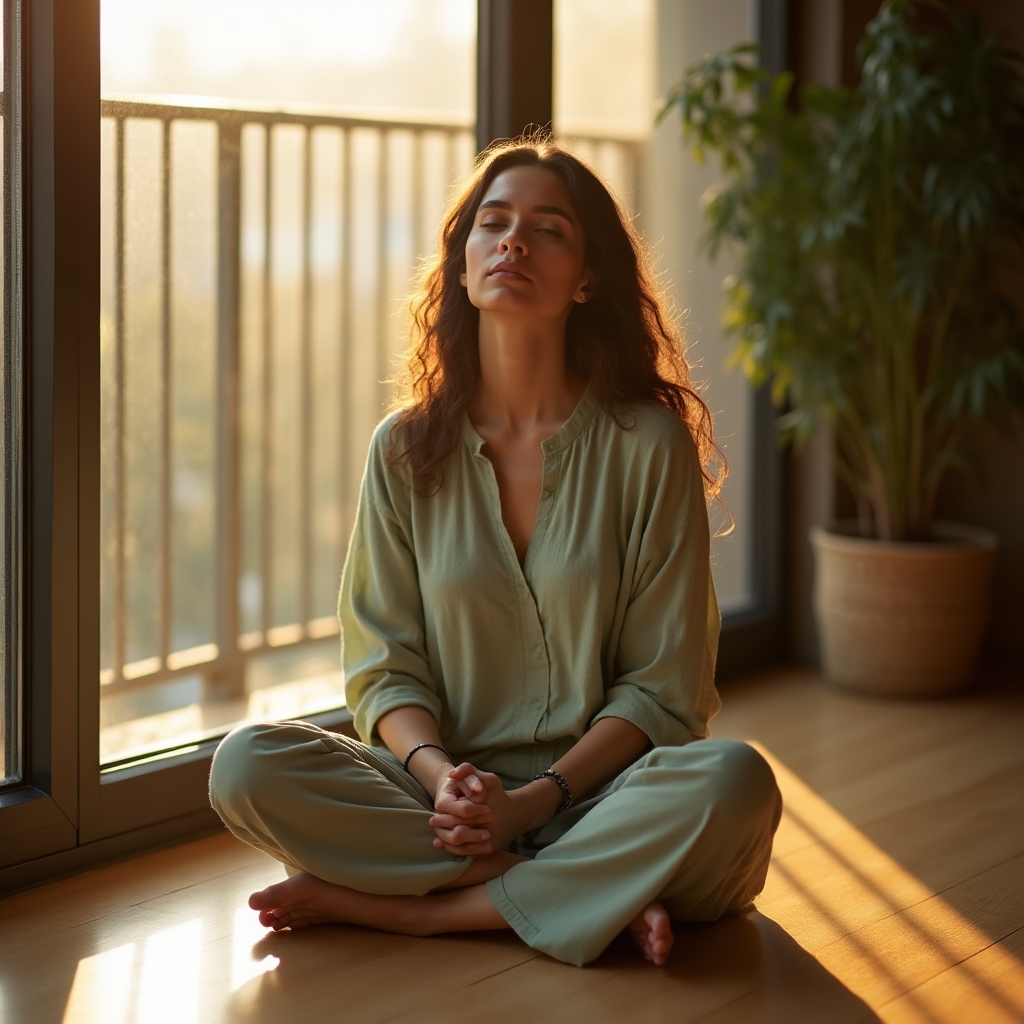 Personne pratiquant la respiration consciente au lever du soleil